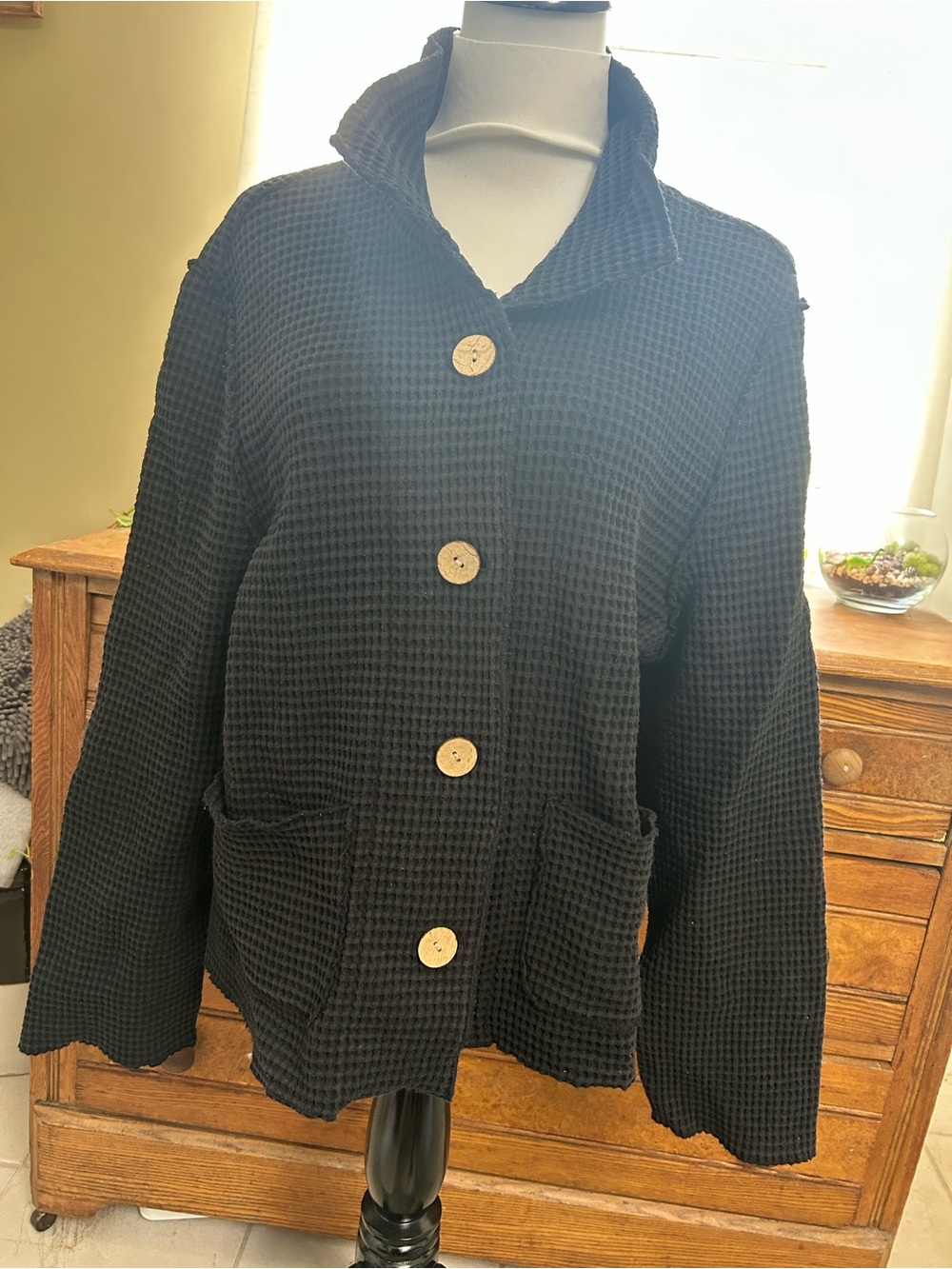 Appleseeds Black Textured Waffle-Knit Button Jacket with Big Buttons